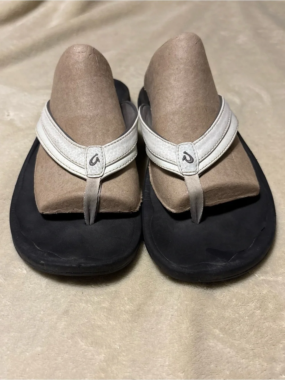 OluKai White Strap Black Footbed Women's Thong Sandals